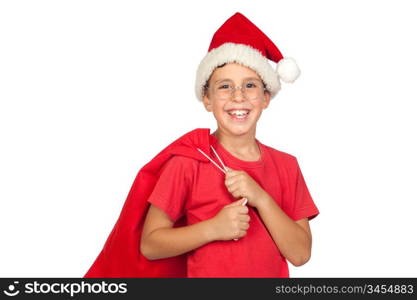 Adorable child with Santa Hat looking in sack isolated on white background