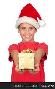 Adorable child with Santa Hat offering a gift isolated on white background