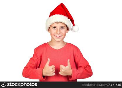 Adorable child with Santa Hat saying Ok isolated on white background