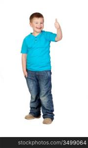 Adorable child with thumb up isolated on white background