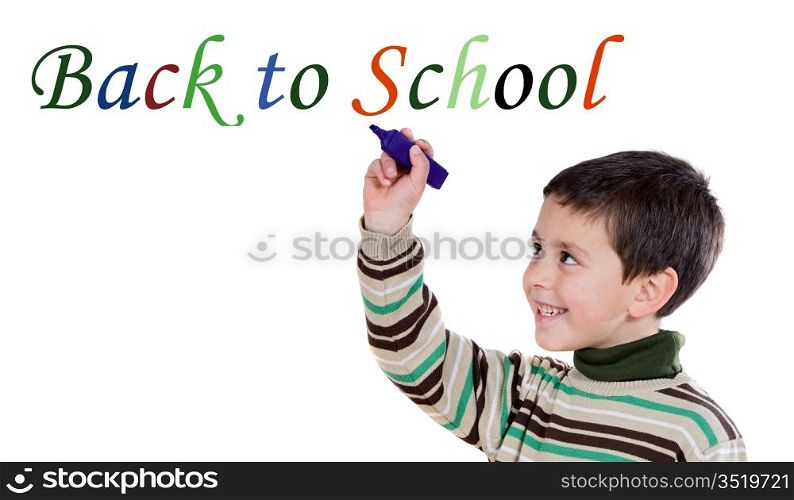 Adorable child writing a sum on a over white background