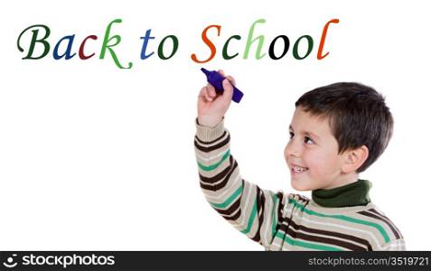 Adorable child writing a sum on a over white background