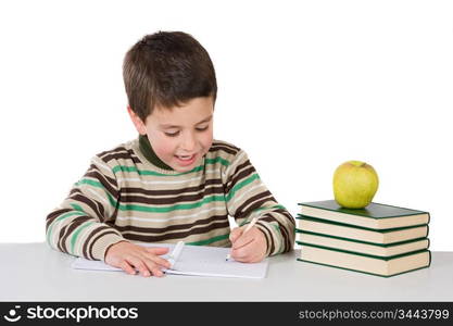 Adorable child writing in the school on a over white background