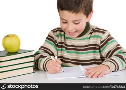 Adorable child writing in the school on a over white background