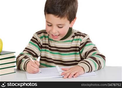 Adorable child writing in the school on a over white background