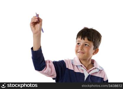 Adorable child writing on a over white background