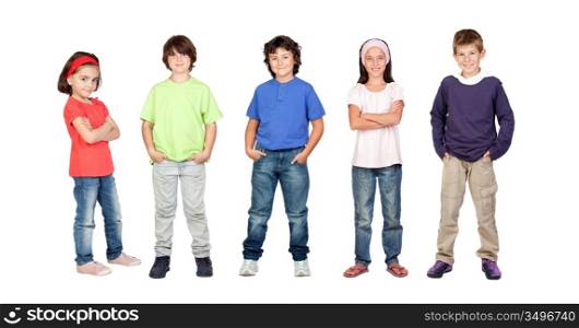 Adorable children, two girls and three boys isolated on a over white background