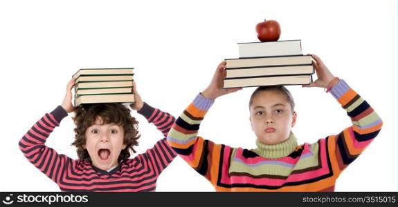 Adorable children with many books and apple on the head isolated over white