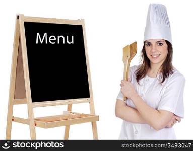 Adorable cook with a blackboard announcing the menu