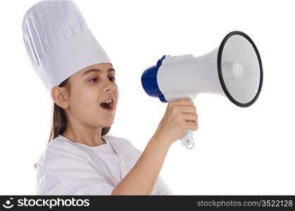 Adorable cooking girl with megaphone on a over white background