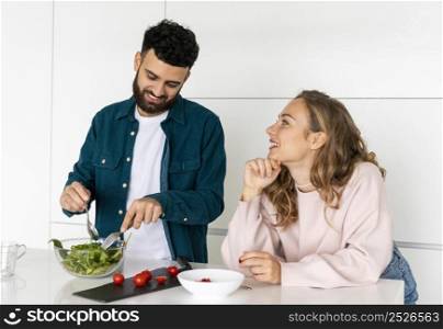adorable couple cooking together home