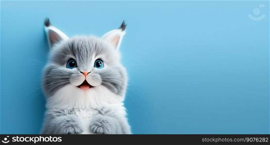 adorable cute cat isolated on blue background with copy space generative ai
