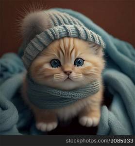 Adorable cute kitten wearing woolen clothes. Generative AI