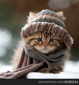 Adorable cute kitten wearing woolen clothes. Generative AI