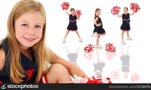 Adorable five year old american girl cheerleader over white.