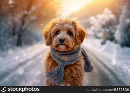 Adorable Fluffy Dog Pet Wearing Neck Scarf with Snow Winter Season Background