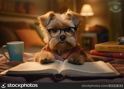 Adorable Fluffy Dog Pet Wearing Sweater and Glasses Reading a Book in the Room