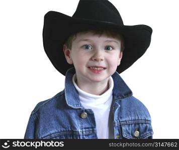 Adorable four year old in denim jacket and black cowboy hat.