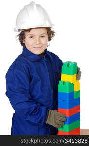 adorable future builder constructing a brick wall with toy pieces a over white background