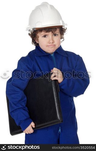 Adorable future builder gotten upset with folder a over white background