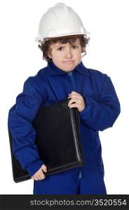 Adorable future builder gotten upset with folder a over white background