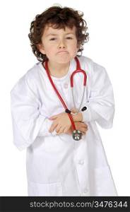 adorable future doctor putting grouch face a over white background