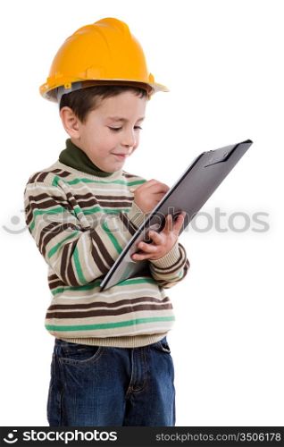 Adorable future engineer writing isolated over white