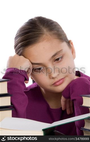 Adorable girl concentrated with many books on a over white background