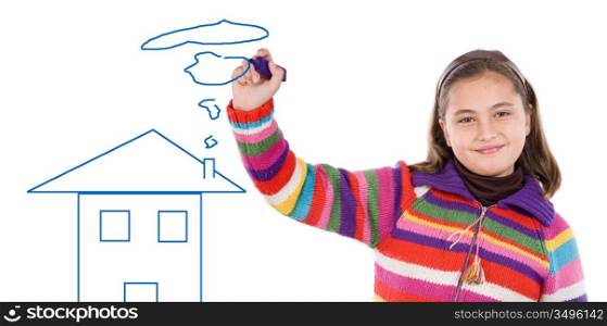 Adorable girl drawing a house on a over white background