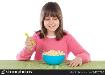 Adorable girl eating cereal a over white background