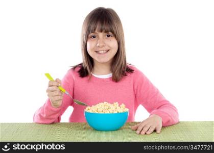 Adorable girl eating cereal a over white background