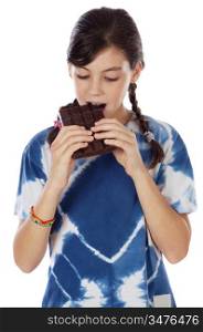 adorable girl eating chocolate a over white background