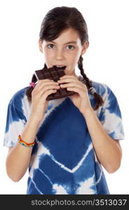 adorable girl eating chocolate a over white background