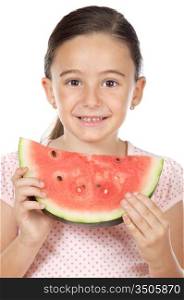 adorable girl eating watermelon a over white background