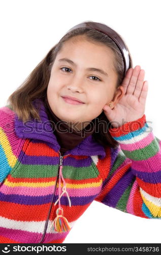 Adorable girl hearing on a over white background