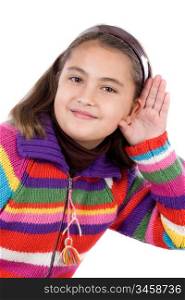 Adorable girl hearing on a over white background