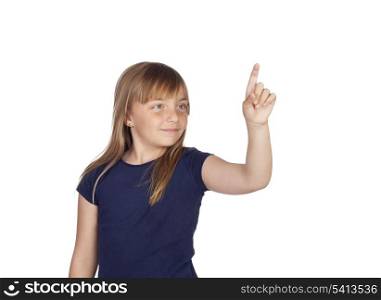 Adorable girl indicating something with the finger isolated on white background