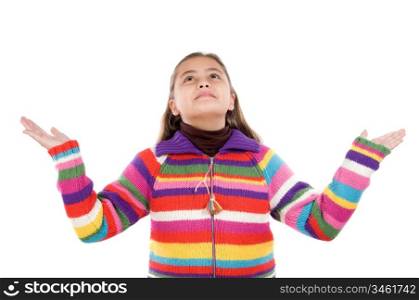 Adorable girl looking at above on a over white background