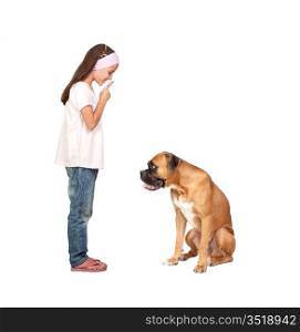 Adorable girl ordering silence his dog isolated on white background