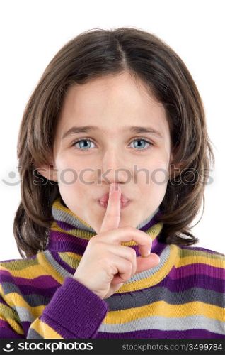 Adorable girl ordering silence on a over white background