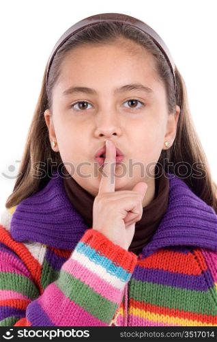 Adorable girl ordering silence on a over white background