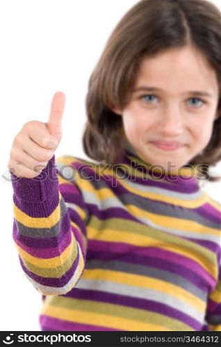 Adorable girl saying OK -focus on the finger- isolated over white