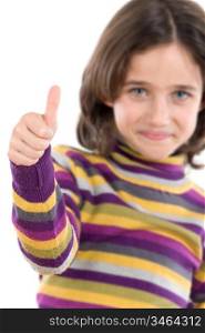 Adorable girl saying OK -focus on the finger- isolated over white