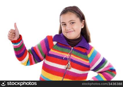 Adorable girl saying OK on a over white background