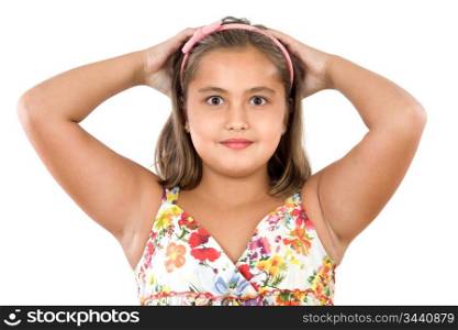 Adorable girl scared with her hand over the head a over white background