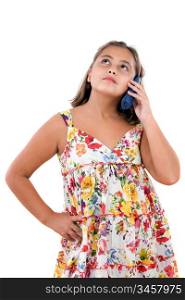 Adorable girl speaking by phone on a over white background