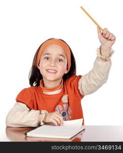 Adorable girl student asking to speak in the school on a over white background