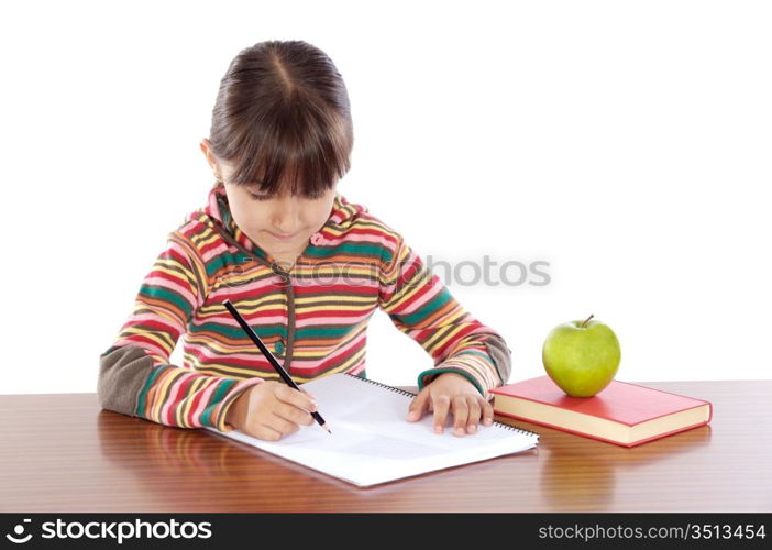 adorable girl studying a over white background