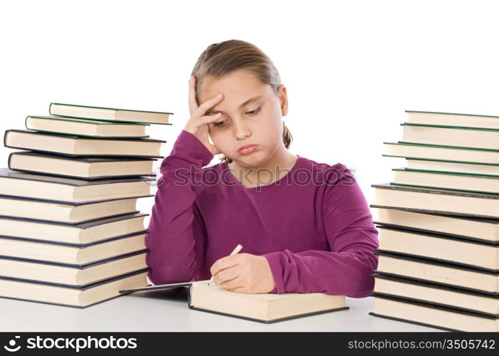 Adorable girl tired with many books on a over white background