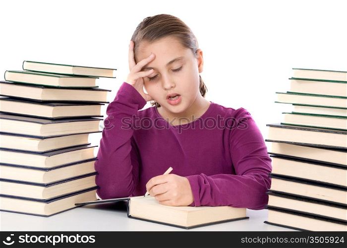 Adorable girl tired with many books on a over white background